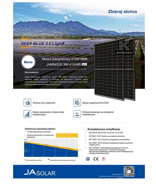 Panel fotowoltaiczny JA Solar 410W , czarna rama, monokrystaliczny, Deep Blue 3.0, JAM54S30 410/MR BF, gwarancja 12 lat